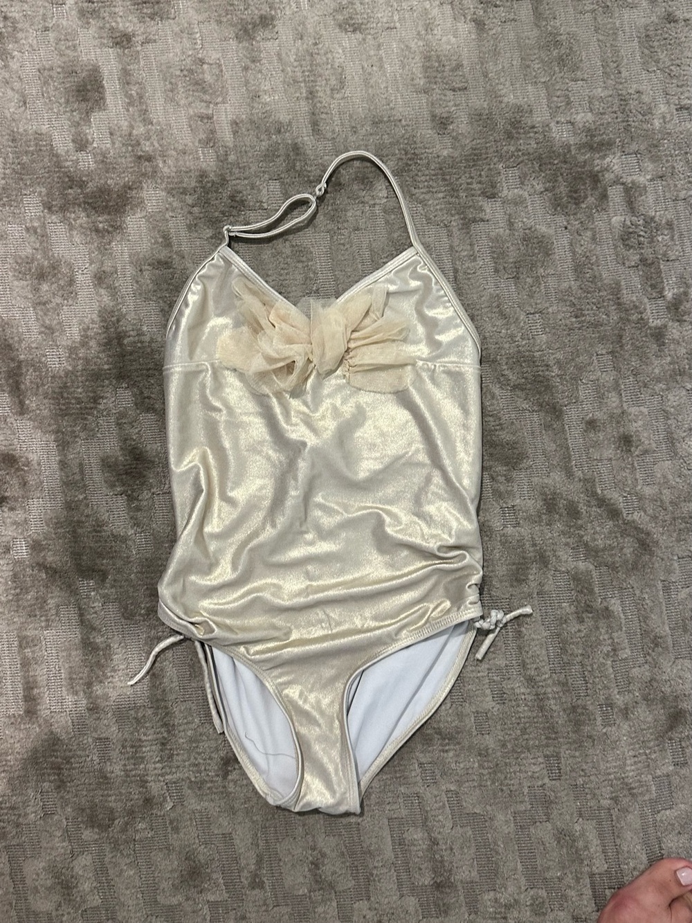 EUC Kate Mack Girls Size 12 Shimmery Gold Halter One-Piece Swimsuit with Bow
